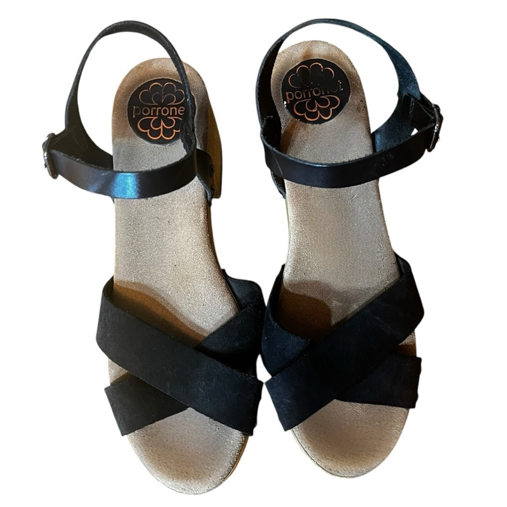 Women's Porronet Mabel Leather Sandals, Black & Wood Platform - Picture 4 of 12